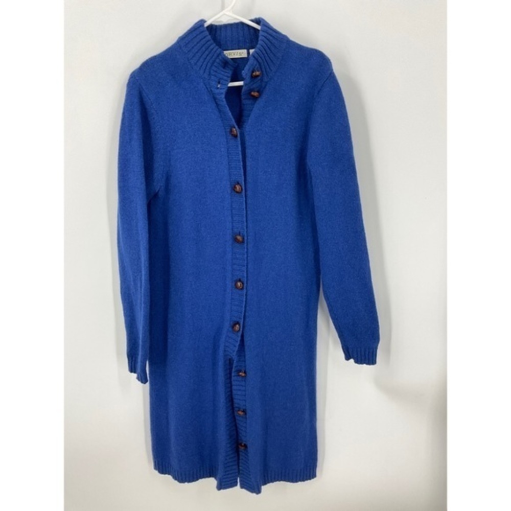 Orvis Shetland wool royal blue button front full length cardigan sweater…